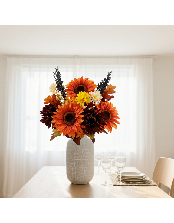 18.5in Indoor Artificial Orange Sunflower and Mum Bouquet.