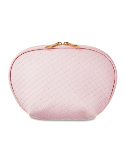 Cosmetic Accessory Pouch with Double Zipper, Baby Pink Basket Weave