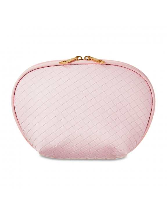 Cosmetic Accessory Pouch with Double Zipper, Baby Pink Basket Weave