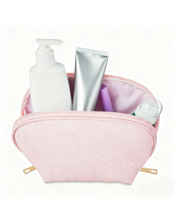 Cosmetic Accessory Pouch with Double Zipper, Baby Pink Basket Weave