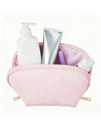 Cosmetic Accessory Pouch with Double Zipper, Baby Pink Basket Weave