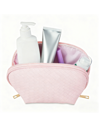 Cosmetic Accessory Pouch with Double Zipper, Baby Pink Basket Weave