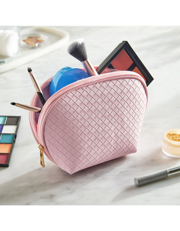 Cosmetic Accessory Pouch with Double Zipper, Baby Pink Basket Weave