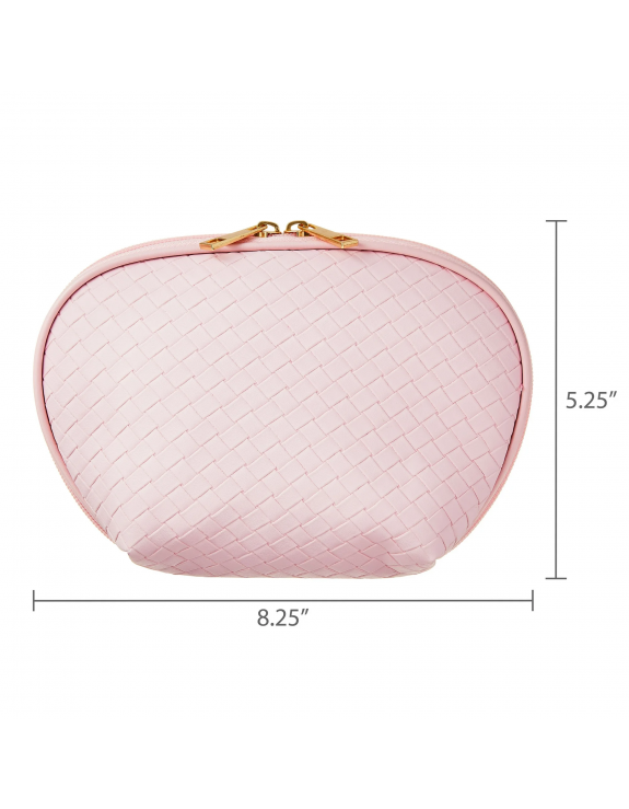 Cosmetic Accessory Pouch with Double Zipper, Baby Pink Basket Weave
