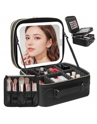 Double Layer Makeup Bag with Detachable LED Mirror, Large Travel Cosmetic Case for Women, Portable Makeup Artist Organizer Bag, 3 Color Lights, Adjustable Dividers and Brush Holder