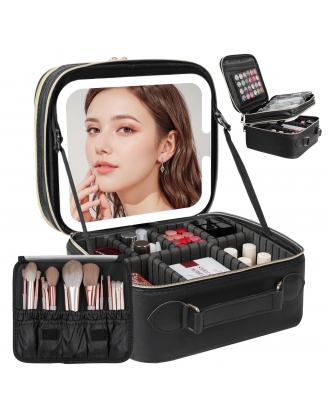 Double Layer Makeup Bag with Detachable LED Mirror, Large Travel Cosmetic Case for Women, Portable Makeup Artist Organizer Bag, 3 Color Lights, Adjustable Dividers and Brush Holder