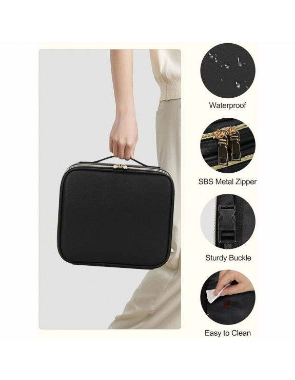 Double Layer Makeup Bag with Detachable LED Mirror, Large Travel Cosmetic Case for Women, Portable Makeup Artist Organizer Bag, 3 Color Lights, Adjustable Dividers and Brush Holder