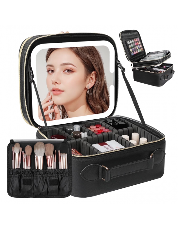 Double Layer Makeup Bag with Detachable LED Mirror, Large Travel Cosmetic Case for Women, Portable Makeup Artist Organizer Bag, 3 Color Lights, Adjustable Dividers and Brush Holder