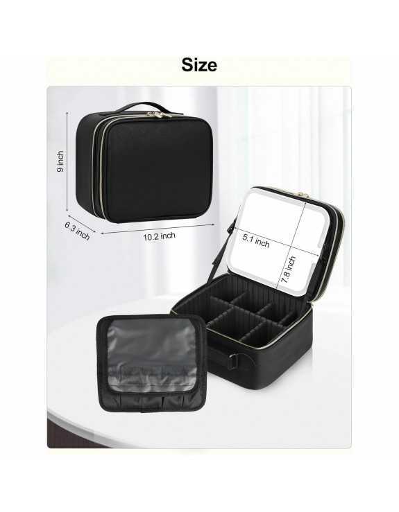 Double Layer Makeup Bag with Detachable LED Mirror, Large Travel Cosmetic Case for Women, Portable Makeup Artist Organizer Bag, 3 Color Lights, Adjustable Dividers and Brush Holder